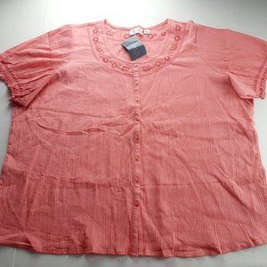 D & Co Womens Button Front Top Size 2X Pink Crepe Embroidered Smocked Sleeve